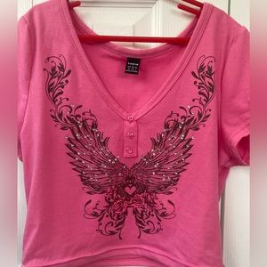 Shein never worn!! Pink crop top with rhinestone